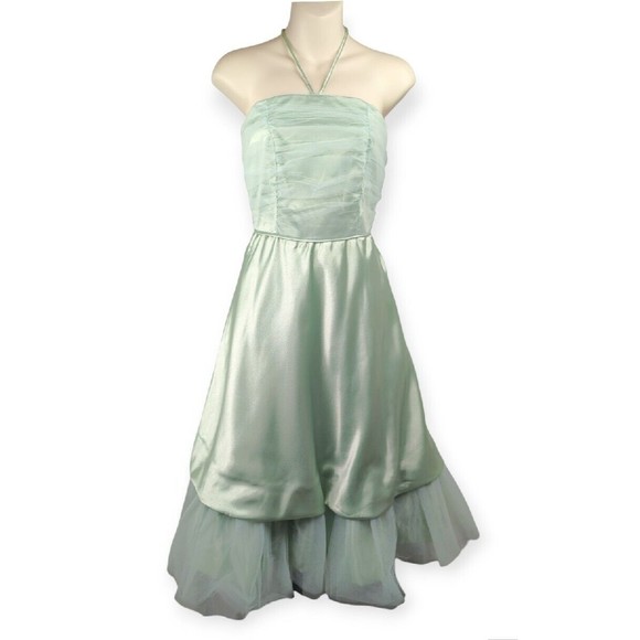 Unbranded Dresses & Skirts - Vintage 50s Tulle Prom Dress Seafoam Green Satin Silk Halter Ruched Mint XXS XS